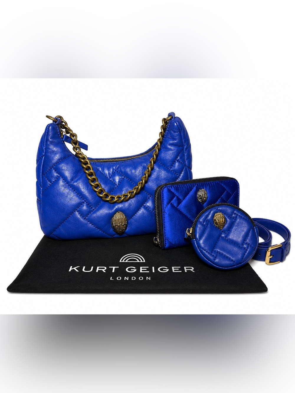 Kurt Geiger London Blue Quilted Leather Purse Wallet Belt Bag 3pc Set Dust Bag
